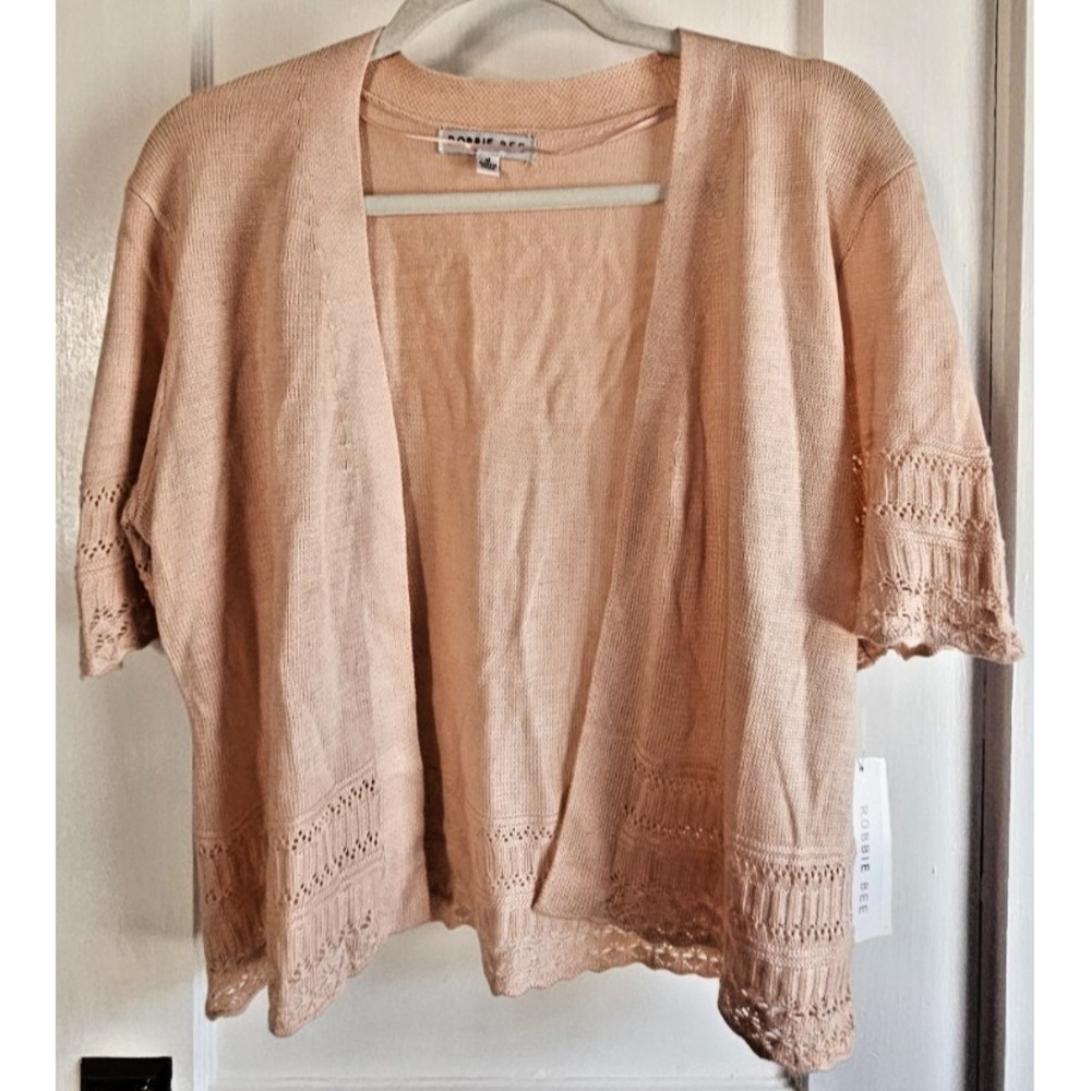 NWT ROBBIE BEE blush woman short sleeve open front  cardigan knit sweater‎ M